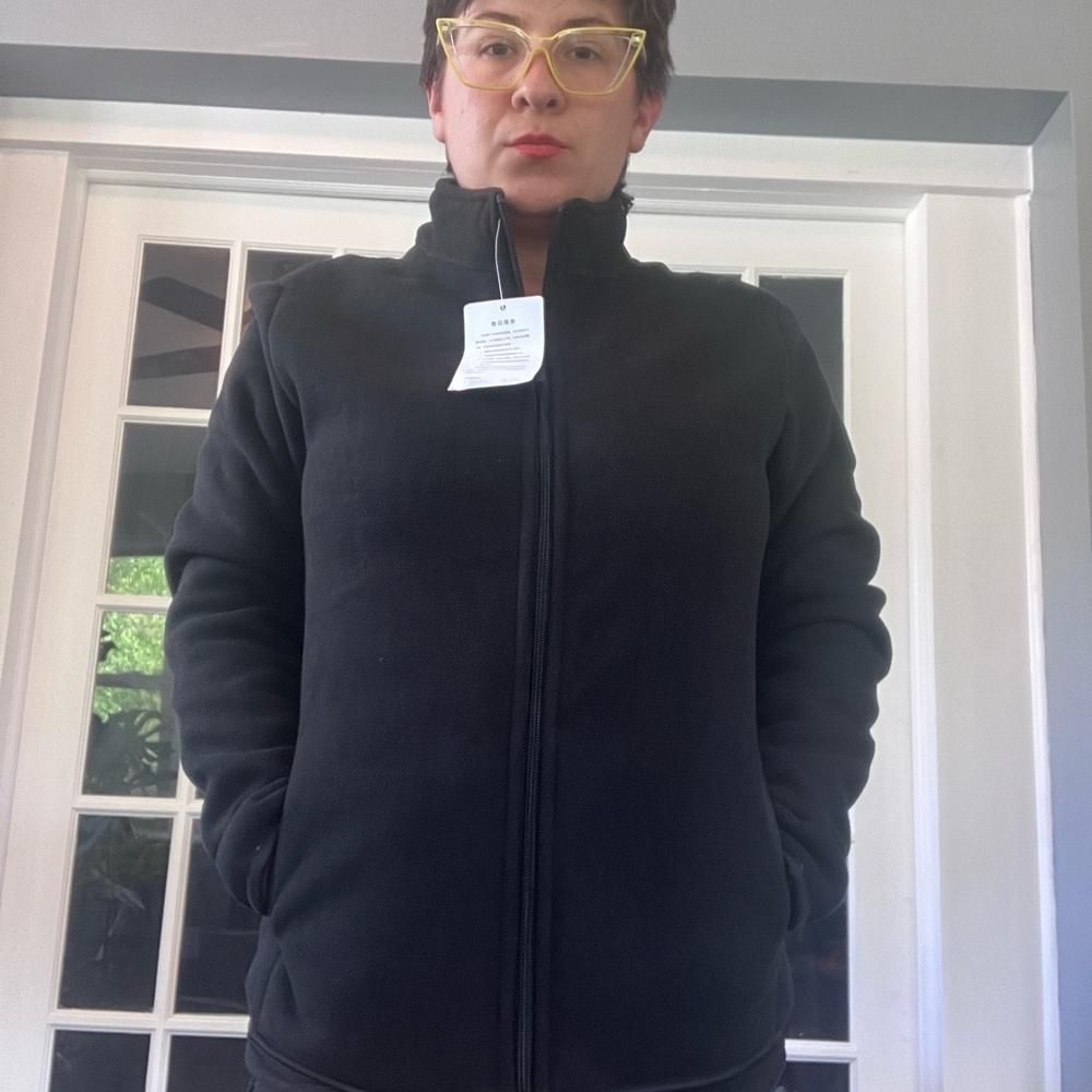 Black Utility Sherpa Jacket with Full-Length Zipper and Standing Collar